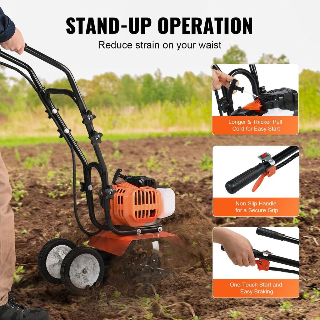 Tiller Cultivator Gas Powered, 43CC 2-Stroke Garden Cultivator, Tiller with 4 Steel Adjustable Front Tines for Lawn, Garden and Field Soil Cultivation