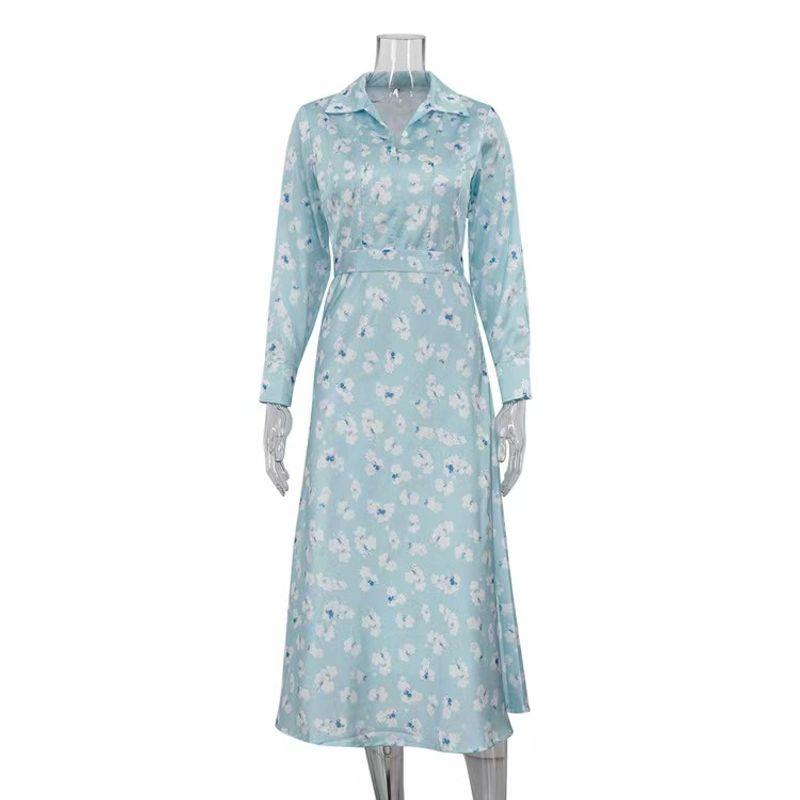 

French style New Floral Satin Lapel Long sleeve High Waist Dress Satin Printed Lapel Dress Blue S