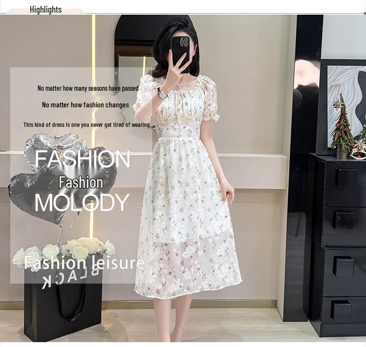 French Ruffle Square Neck Floral Jacquard Midi Dress with Puff Sleeves