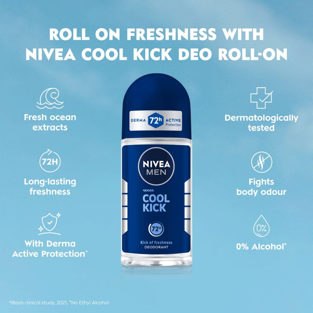 Nivea MEN Deodorant Underarm Roll On, Cool Kick| 72 H Anti-Perspirant Protection| Long Lasting Freshness | 50ml