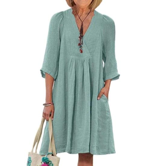 Vestido Feminino de Algodão e Linho Manga Curta Decote V Linha A Rodado Verão Casual Praia Férias Vestido de Sol com Bolsos