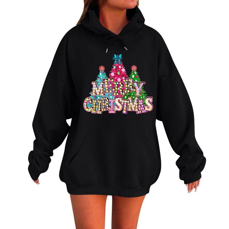 Christmas Tree Letter Print Hooded Sweatshirt for Men Women Loose Comfortable Casual Creative Unisex Sweatshirt