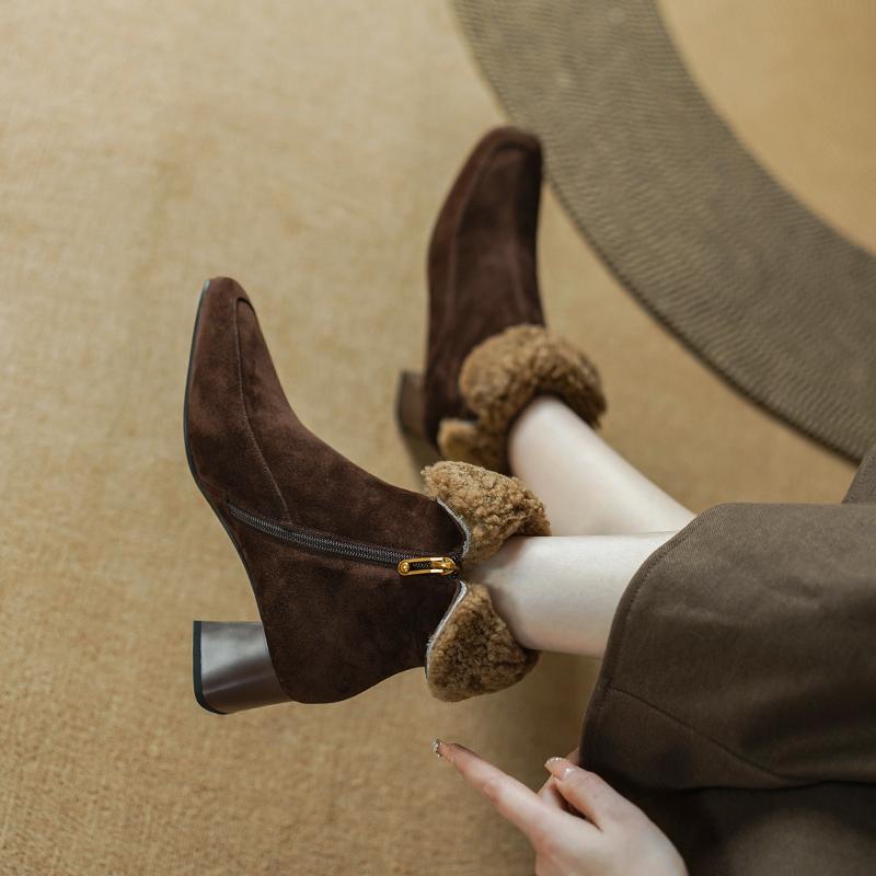 2024 New Winter Wool Warm Women Ankle Boots Genuine Leather Side Zipper Shoes Woman Square Toe Office Lady Working Short Boots