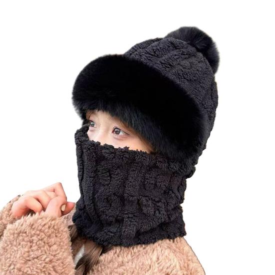 

Шапка-пуловер 3-в-1 Вязаная шапка Однотонная Декор плюшевым помпоном Флисовая подкладка Шарф Лицо чёрный