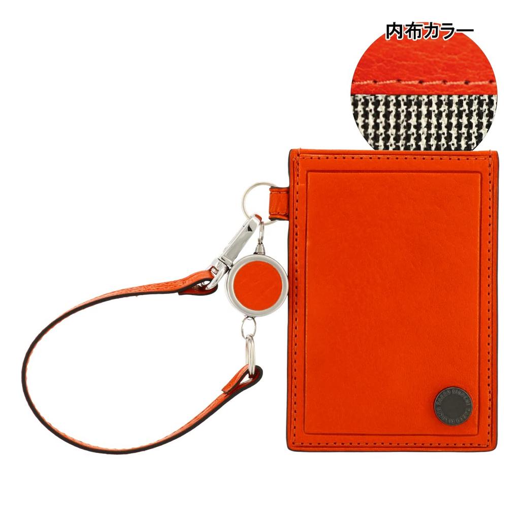 Takeo Kikuchi Genuine Leather Pass Case with Coin Holder, Men's, 730611, with Reel, Cowhide Leather, Orange, Size 26