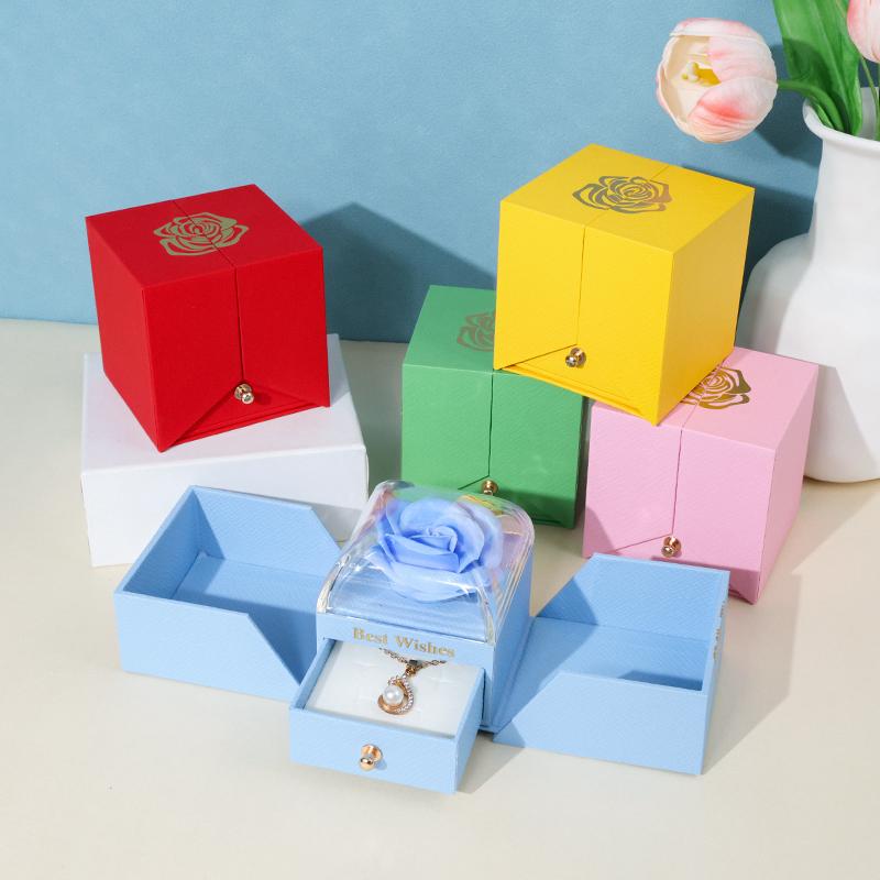 Jewelry Packaging Box Double Open Gatefold Rose Flower Gift Box with Drawer Custom Logo Velvet Ring Earring Necklace Case