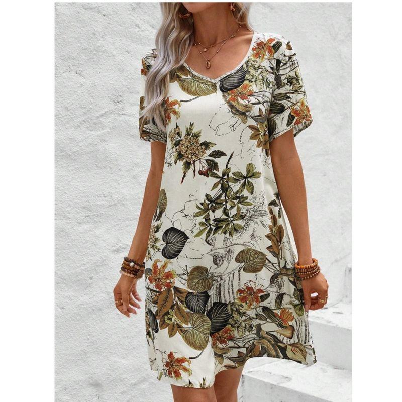 Small Fashion Summer V Neck Fashion Print Elegant Short Sleeve Dress Short Skirt Trendy Women's Dresses