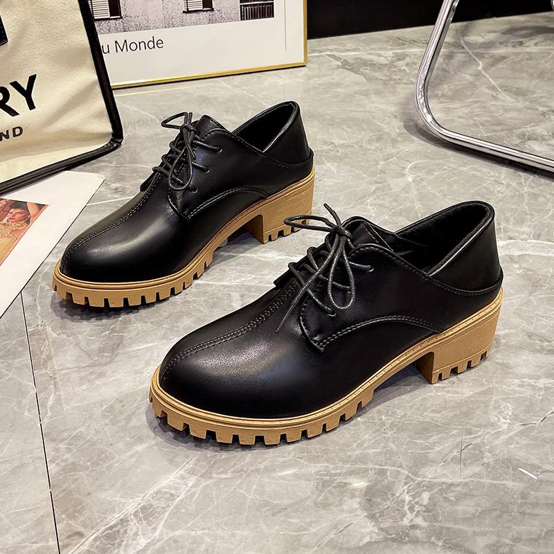 Ladies Oxford Shoes Casual Leather Shoes Women Lace-Up Chunky Heels Pumps Girls Student Retro Loafers