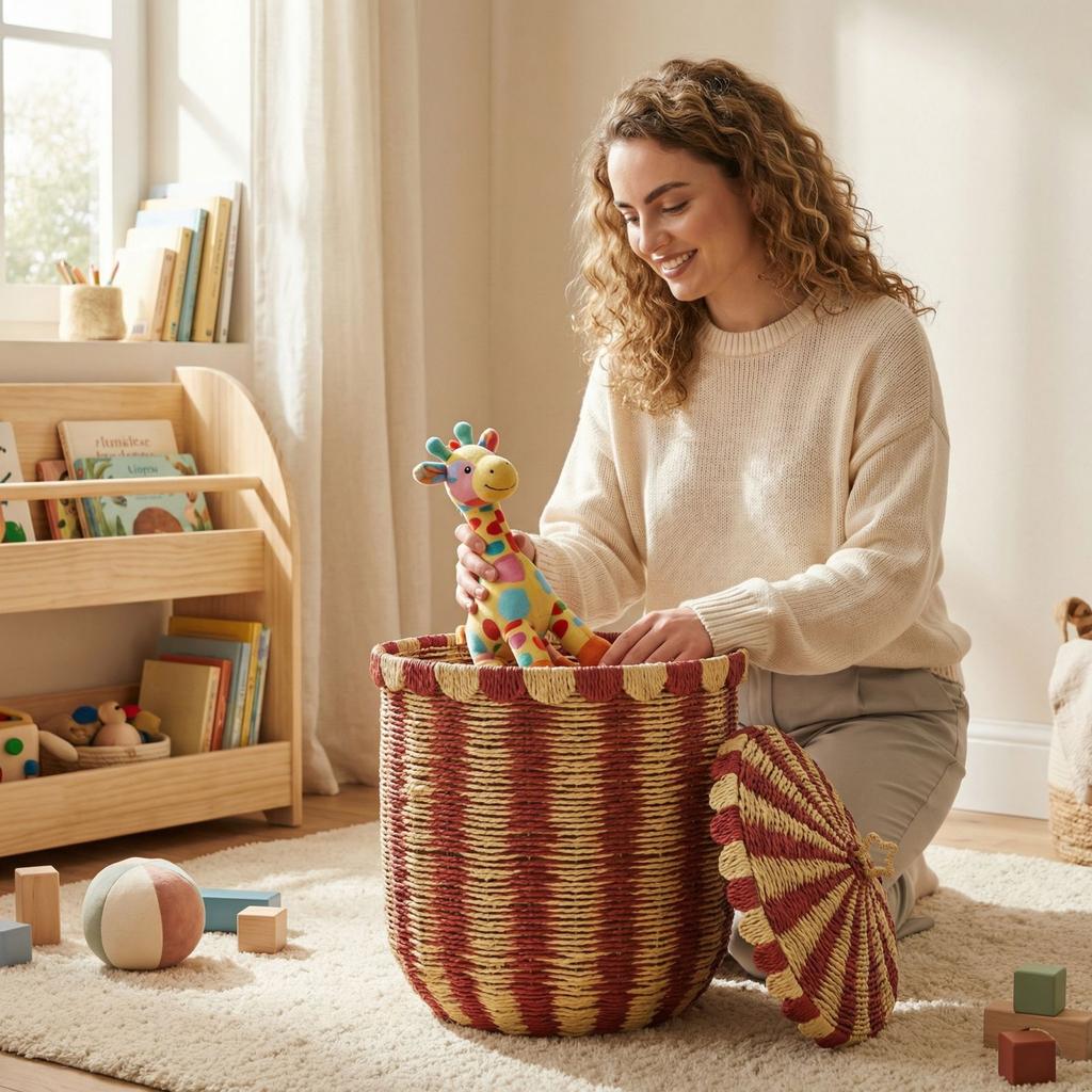 Wicker Striped Storage Basket Laundry Basket Woven Basket Household Childrens Room Toy Organizing And Storage Box
