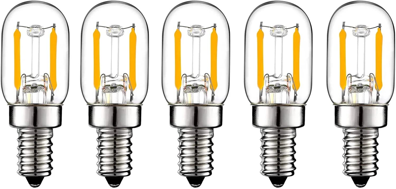 

Pack of 5 LED T20 Filament Bulbs, 1W, 120LM, E12 Base, 2200K Warm White, Retro Edison Design, Clear Glass, Compact Bulb, Omnidirectional,