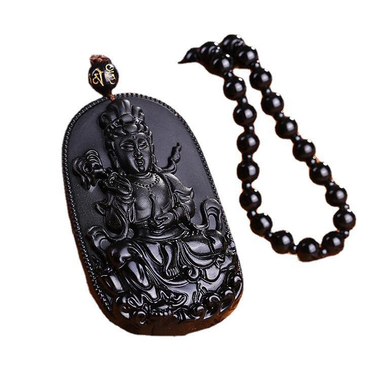 Men's Domineering Pixiu & Dragon Necklace with Guan Yu Pendant - Imitation Obsidian Couples Gift