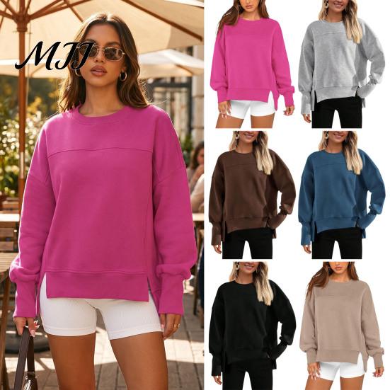 Polyester Women Tops Crew Neck Sweatshirt, Drop Shoulder Long Sleeve Pullover, Loose Soft Sweaters Fit Casual Fall Winter Top with Side Slit Pullovers