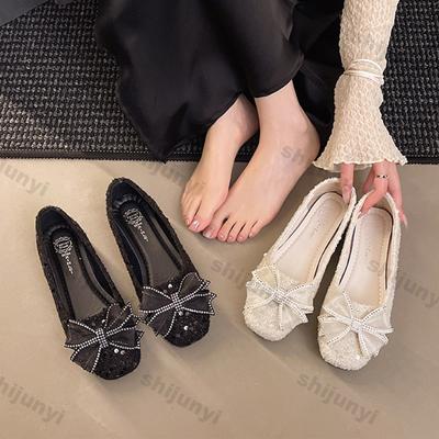 Damenschuhe 2025 Frühling Herbst Neu Komfort Rutschfest Damen Ballerinas Mode Weiche Sohle Schleife Strass Eckige Zehenpartie Mary Jane Schuhe