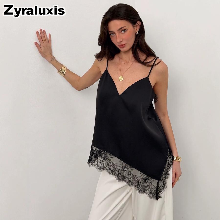 New V-Neck Irregular Lace Trim Patchwork Loose Strap Backless Top S чёрный