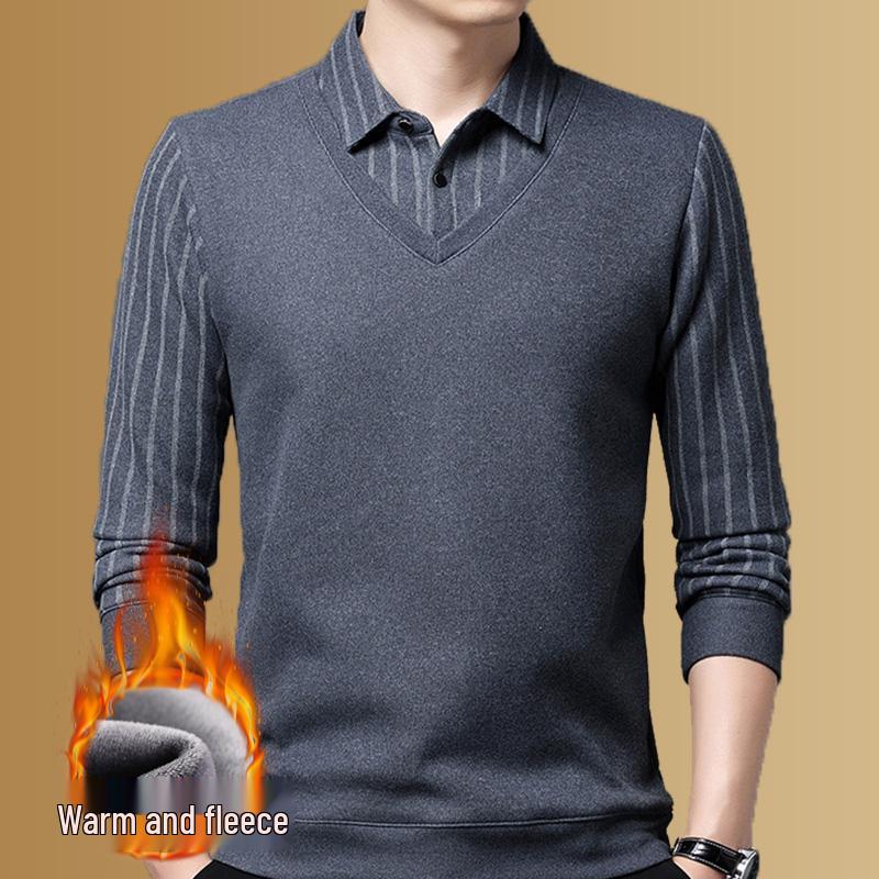Men's Woodpecker Two-Piece Sweater Shirt, Plus Velvet, Thick Knitwear for Autumn/Winter.