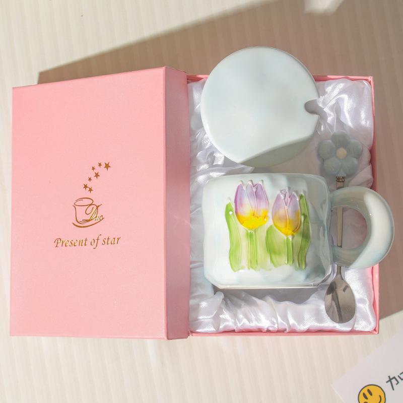 High Value Ins Style Tulip Cup for Girls Cute Ceramic Mug with Lid Spoon Couple Home Coffee Cup