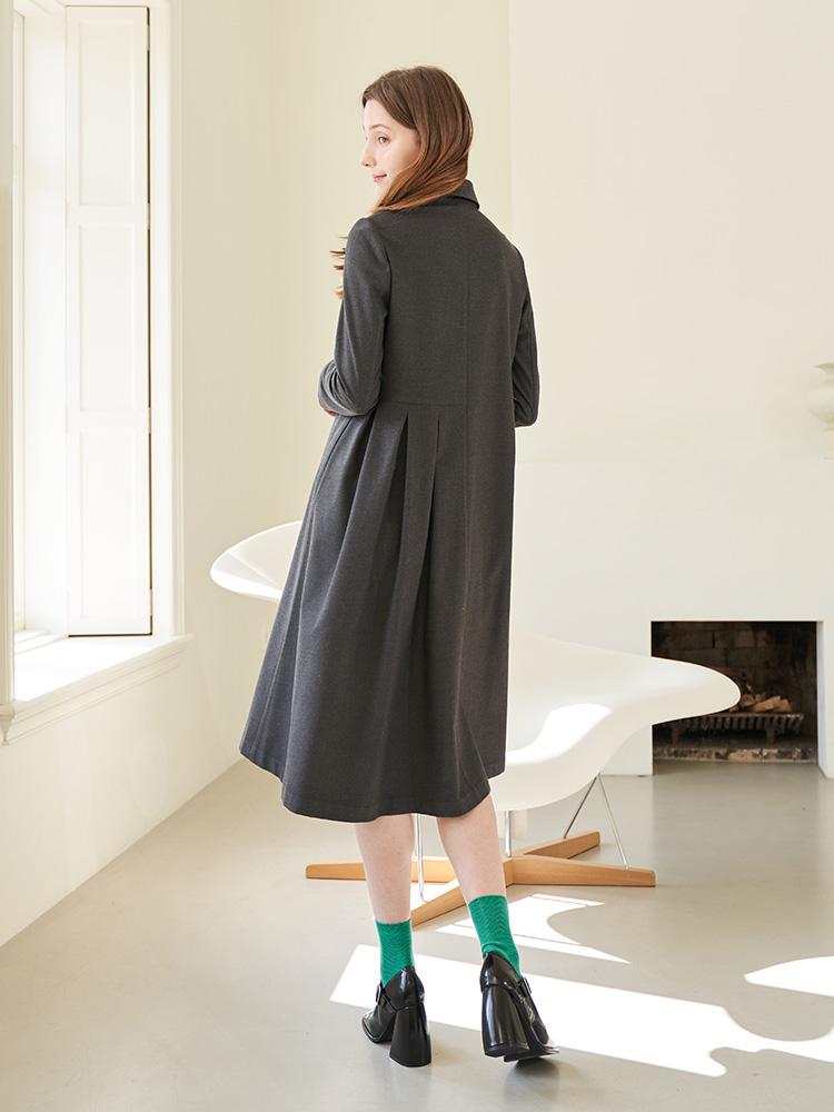 LBYL Wool Gray Simple Collar Pintuck Dress
