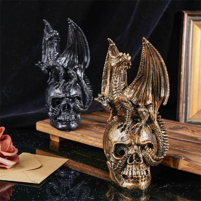 Metal-Look Dragon Skull Statue for Shelf and Desk Display, 17cm Figure for Fantasy Homes and Party Table Styling