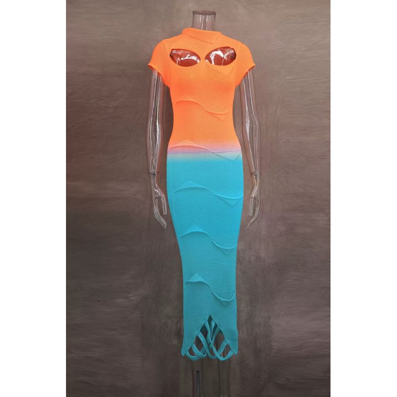 

Western Style Fashion Sexy Hollow Gradient Color Knitted dress Sexy Hollow Knitted Dress Image color S