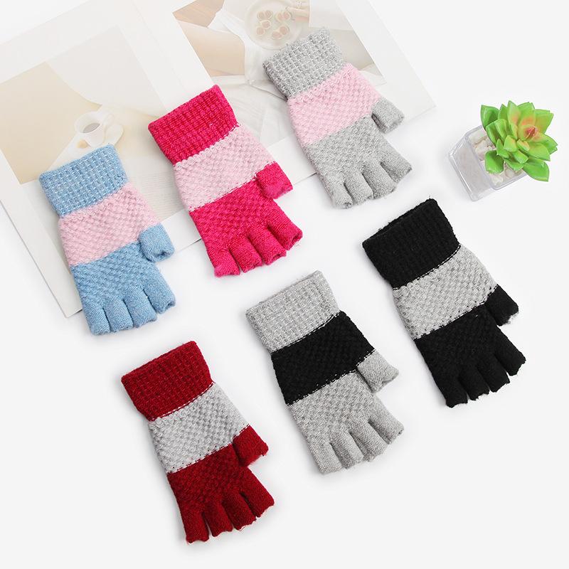 

Winter New Style Adult Women s Fashionable Color-blocked Knitted Half-finger Warm Gloves with Fingerless Half-knuckle Thickening for Students One size