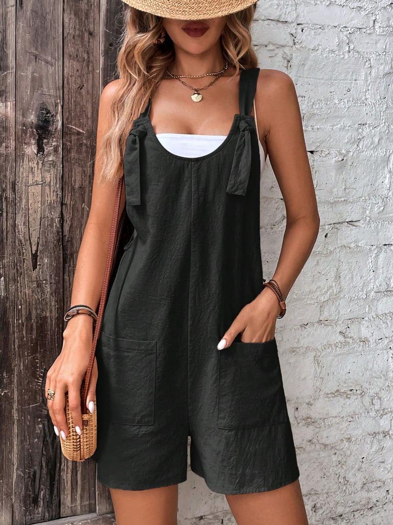 Damen Freizeit Sommer Kurze Strampler Lockerer Overall Einfarbig Ärmellos Schnürung Weites Bein Hose Krawattenknoten Träger Jumpsuits mit Taschen