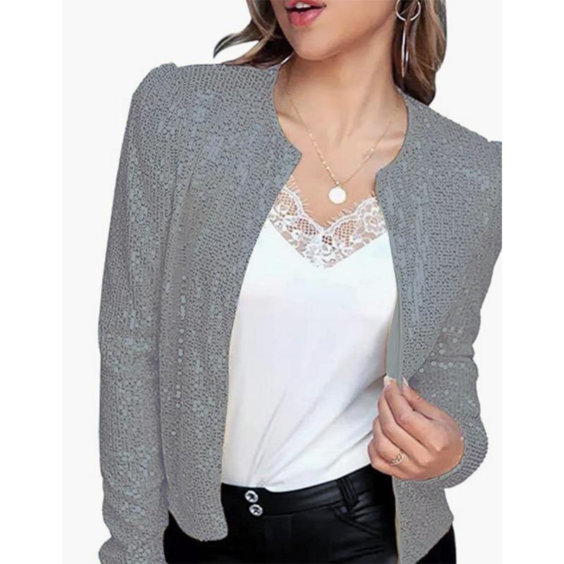 

Весна Осень Новые Модные Блестящие Куртки Однотонные Длинные Рукава Короткие Пальто Дамы Элегантные Большие Размеры Повседневная Женская Одежда XXL серый