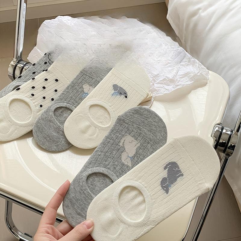 Simple Boat Socks, Spring and Summer Puppy Sweat-absorbing Cartoon Low-top Invisible Short Socks, Shallow Opening Anti-slip Silicone, No Heel Drop