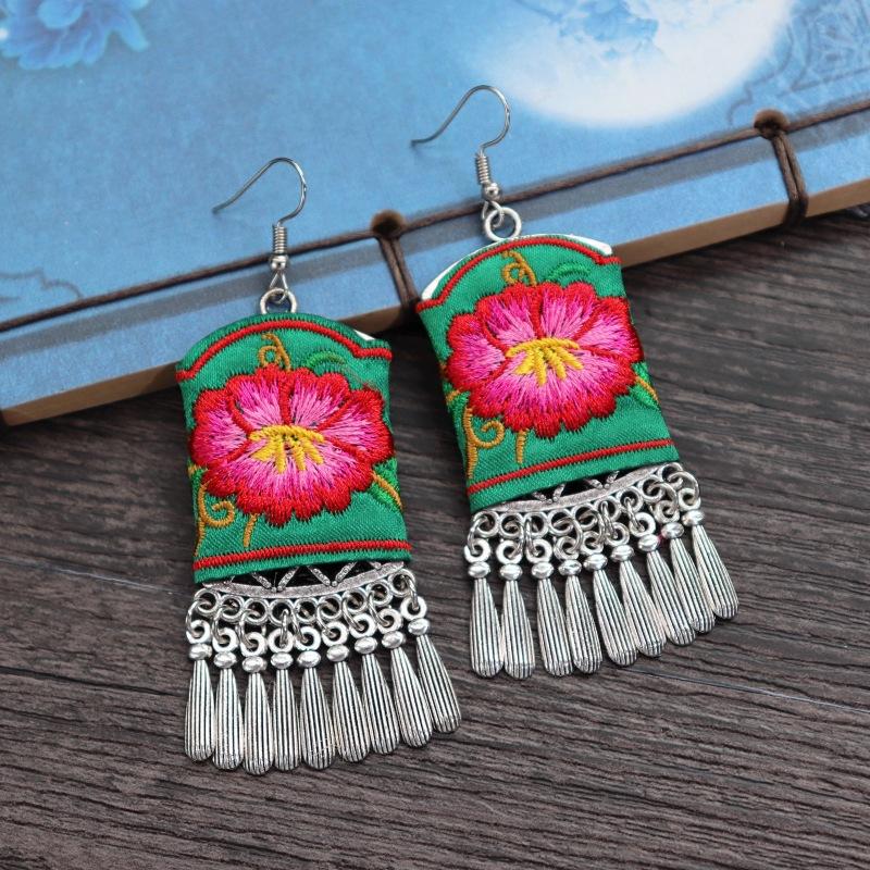 Retro hand-embroidered fabric earrings female long flower fringed versatile temperament performance earrings earrings