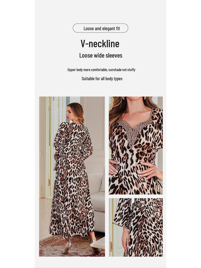 Leopard Print Abaya Dress - Elegant All-Season Middle Eastern Muslim Women's Robe