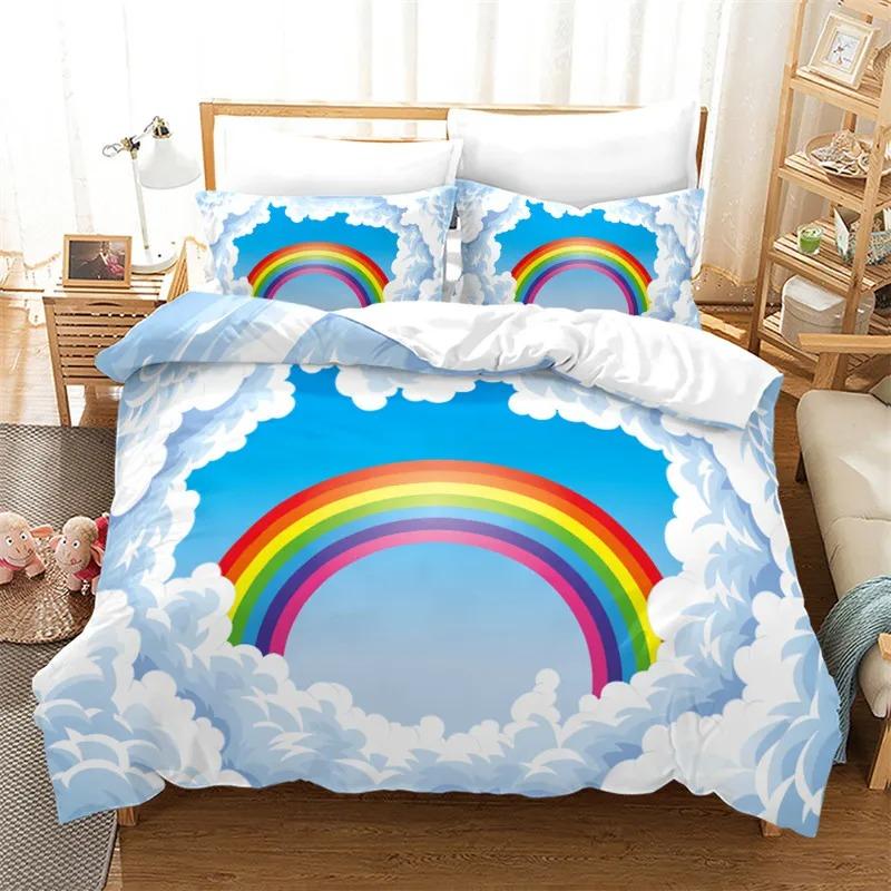 Rainbow Duvet Cover Twin Queen Kawaii Clouds Star Dream Castle Print Comforter Cover Microfiber Cartoon Bedding Set For Boy Girl