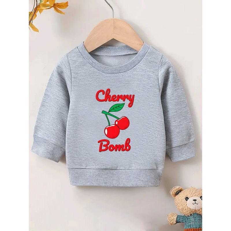 European Sizes Cute Cherry Print Kids' Spring Thin Round Neck Sweatshirt 0-3 Years Old Comfortable Outdoor Outfit Choice