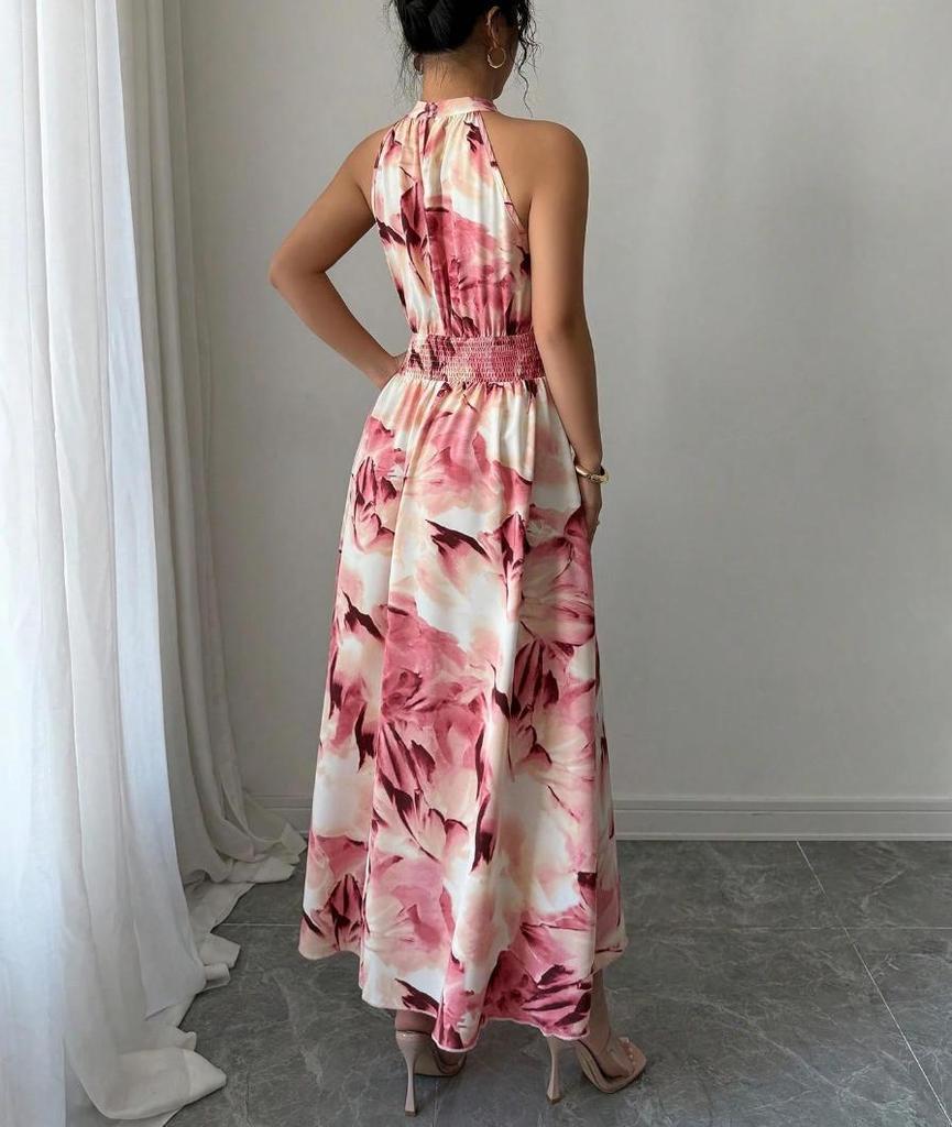 Women's Halter Neck Ruched Waist Sleeveless Ruffle Dress for Summer 2026