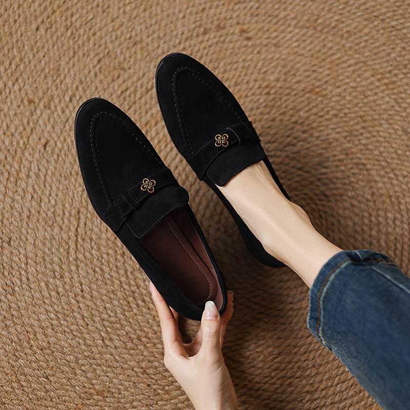 Krazing Pot Sheep Suede Autumn Winter Shoes Metal Decoration Loafers Med Heels Slip On Size 42 Round Toe Slip On Deep Mouth Pumps