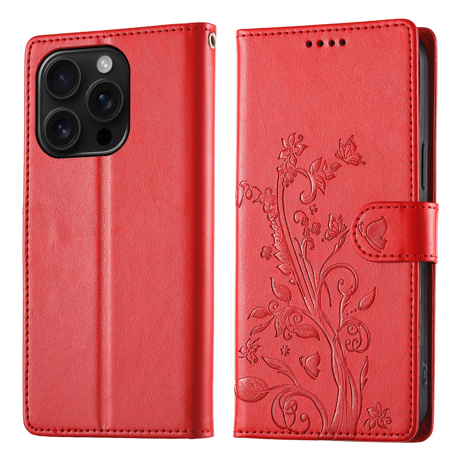 

For iPhone 16 Pro Max Wallet Case Butterfly Floral Imprint PU Leather Phone Cover with Wrist Strap Red