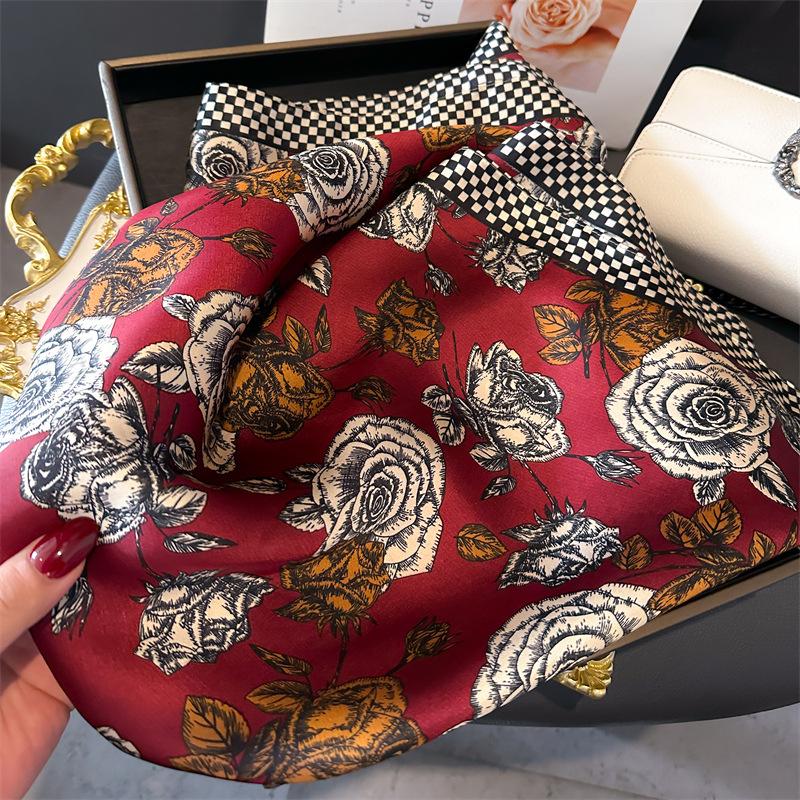 Fashion Luxury  Silk Shawl Square Scarf Women Hijab Flower Print Scarves Wraps Neckerchief Hair Ribbon Headband Bandana