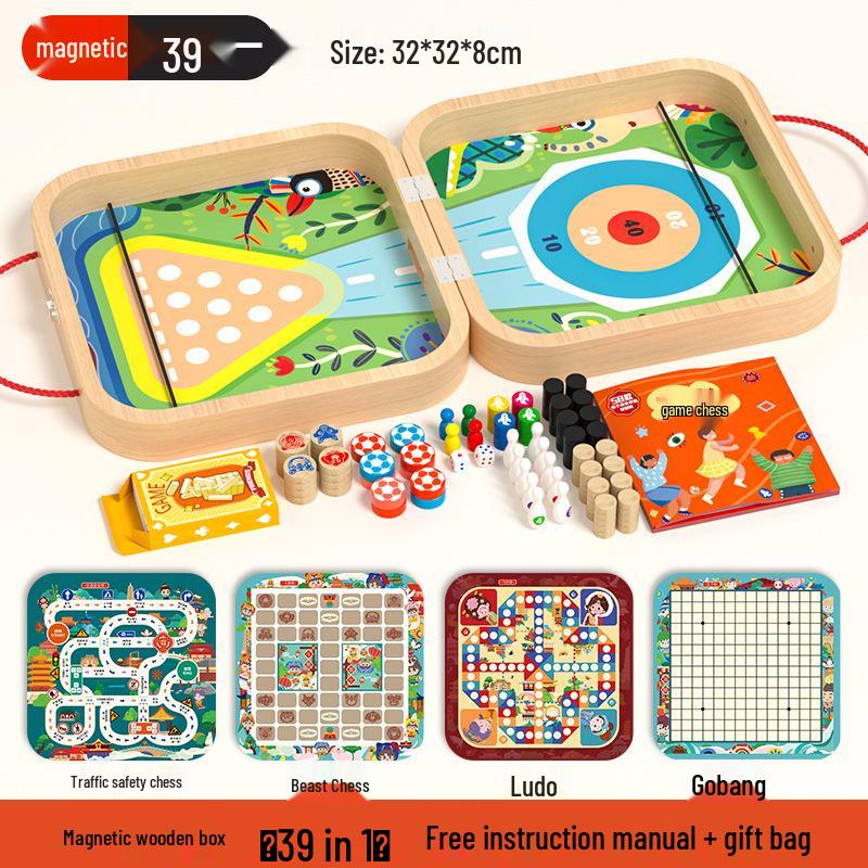 Multifunctional Wooden 7-in-1 Educational Game: Flying Chess & Checkers Set for Kids