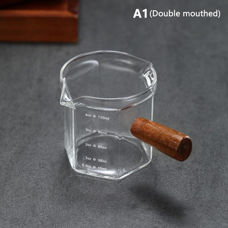 

120 мл Стеклянная мерная чашка для эспрессо с деревянной ручкой, чашка для экстракции кофе со шкалой, высокая термостойкость, молочник, мерная кружка