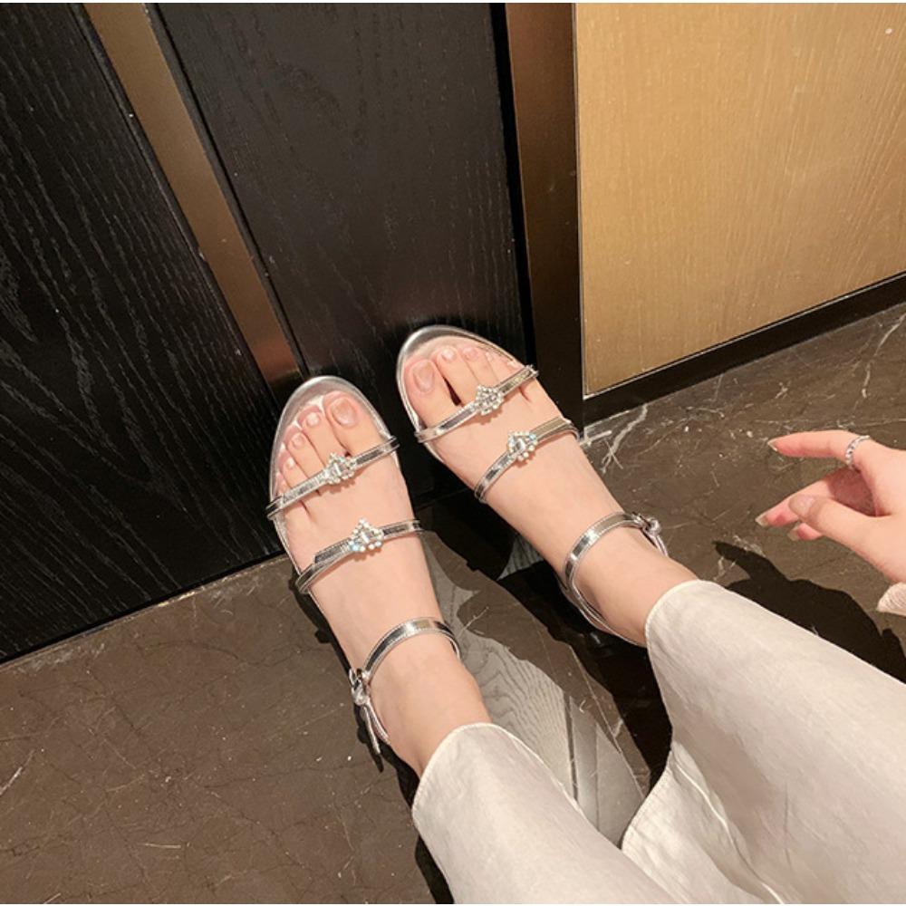 Fashion Sandals for Women Summer Round Headed Double with Heart-shaped Diamond Buckle Adjustable Sandal Slippers 2025 New Flat Sandals