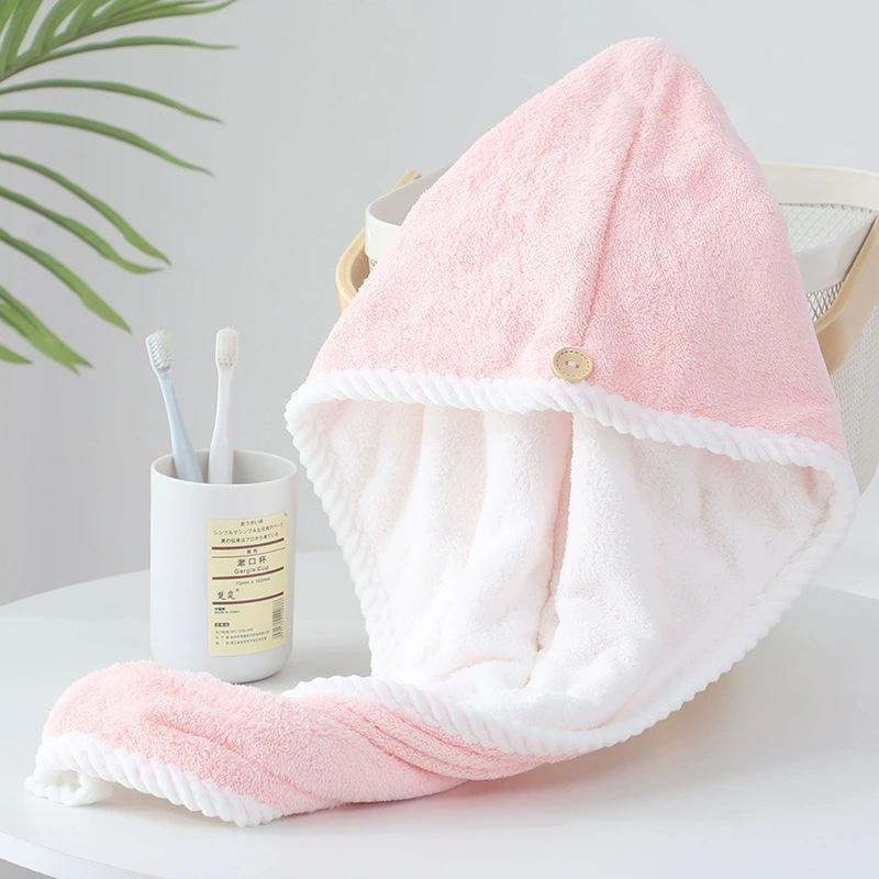 

Женская толстая супервпитывающая двухцветная шапочка для сушки волос с окантовкой нитью, двухслойная 25*65cm розовый/белый