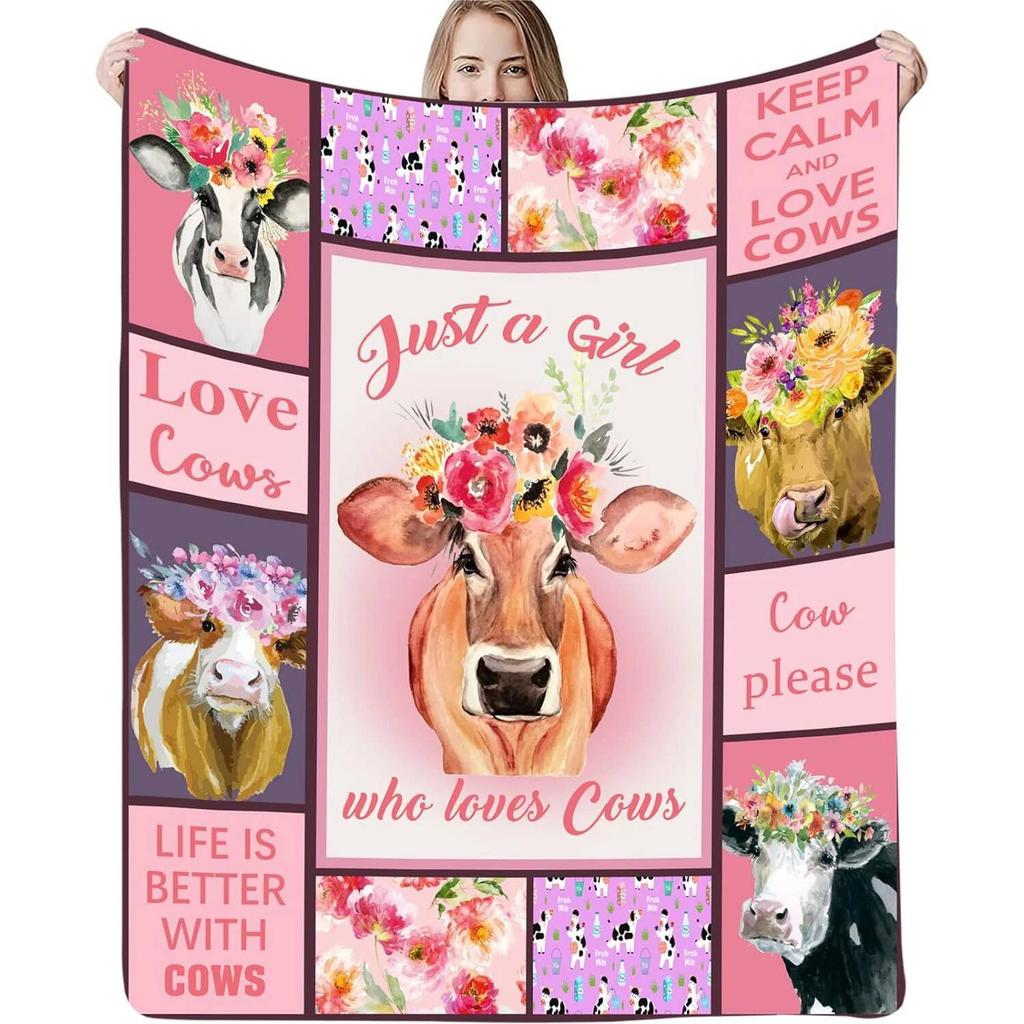 Cow Printed Blanket Cartoon Watercolor Cow Autumn Blanket Cute Pink Farm Animal Flannel Blanket Birthday Gift