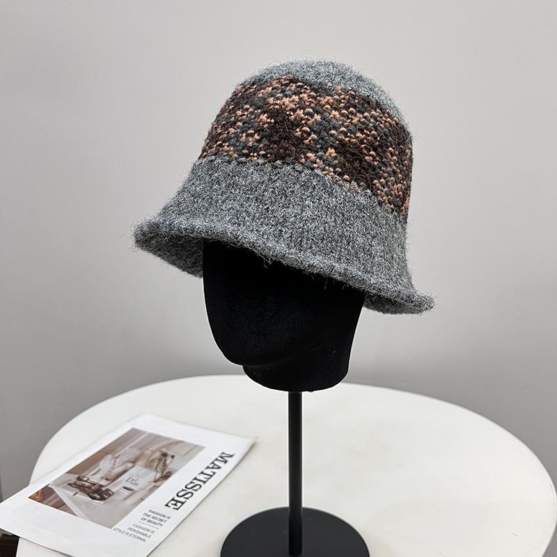 

Mohair wool knitted bucket hat women s simple contrasting color hat waist fashionable retro versatile fisherman hat M（56-58cm） фіолетовий