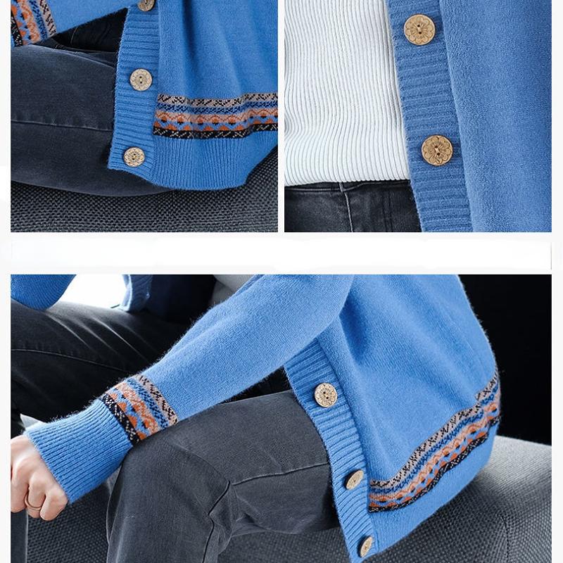 Women's Knitted Sweater Spring and Autumn Models V-neck Colour Blocking Long-sleeved Ethnic Wind Cardigan Jacket Jumper Ladies Tops
