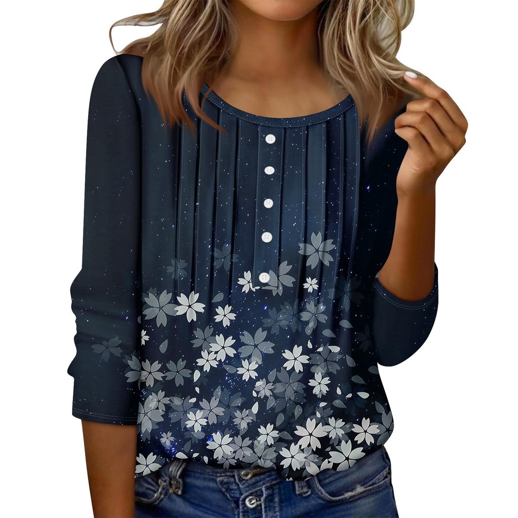 Women's Round Neck Pull Stripe Decorative Button Top Casual Color 3/4 Sleeve T Shirt