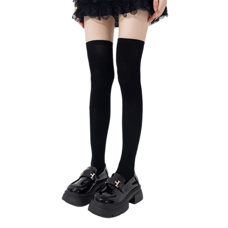 Women Solid Color Ribbed Cuffs Thigh High Stockings Japanese Preppy Students Stretchy Over The Knee Long Boot Socks