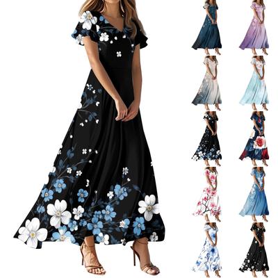 Damen Sommer Casual Fashion Retro Blumenkleid V-Ausschnitt Kurzarmkleid
