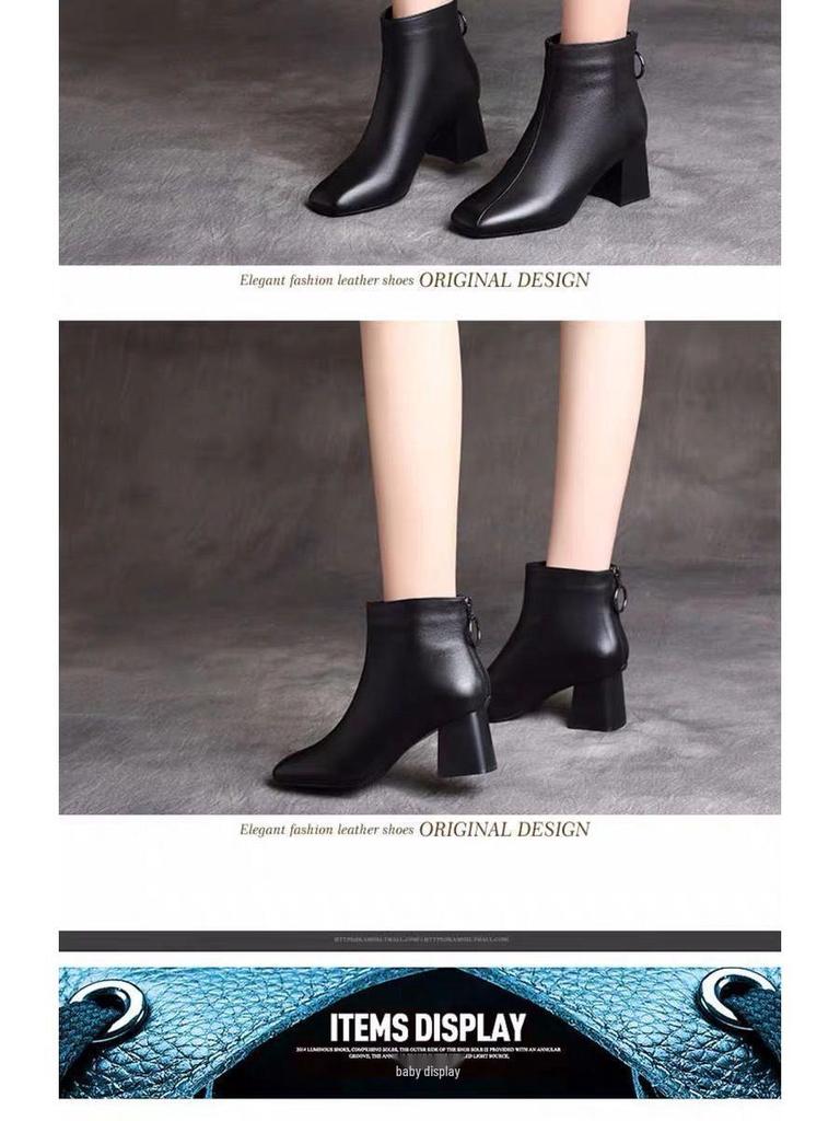 Damskor, Ankelboots med Tjock Klack, Äkta Läder, Mjuk Bomullsfodrade, Med Sammet, Vinter 2025 Nytt Martin-stil.