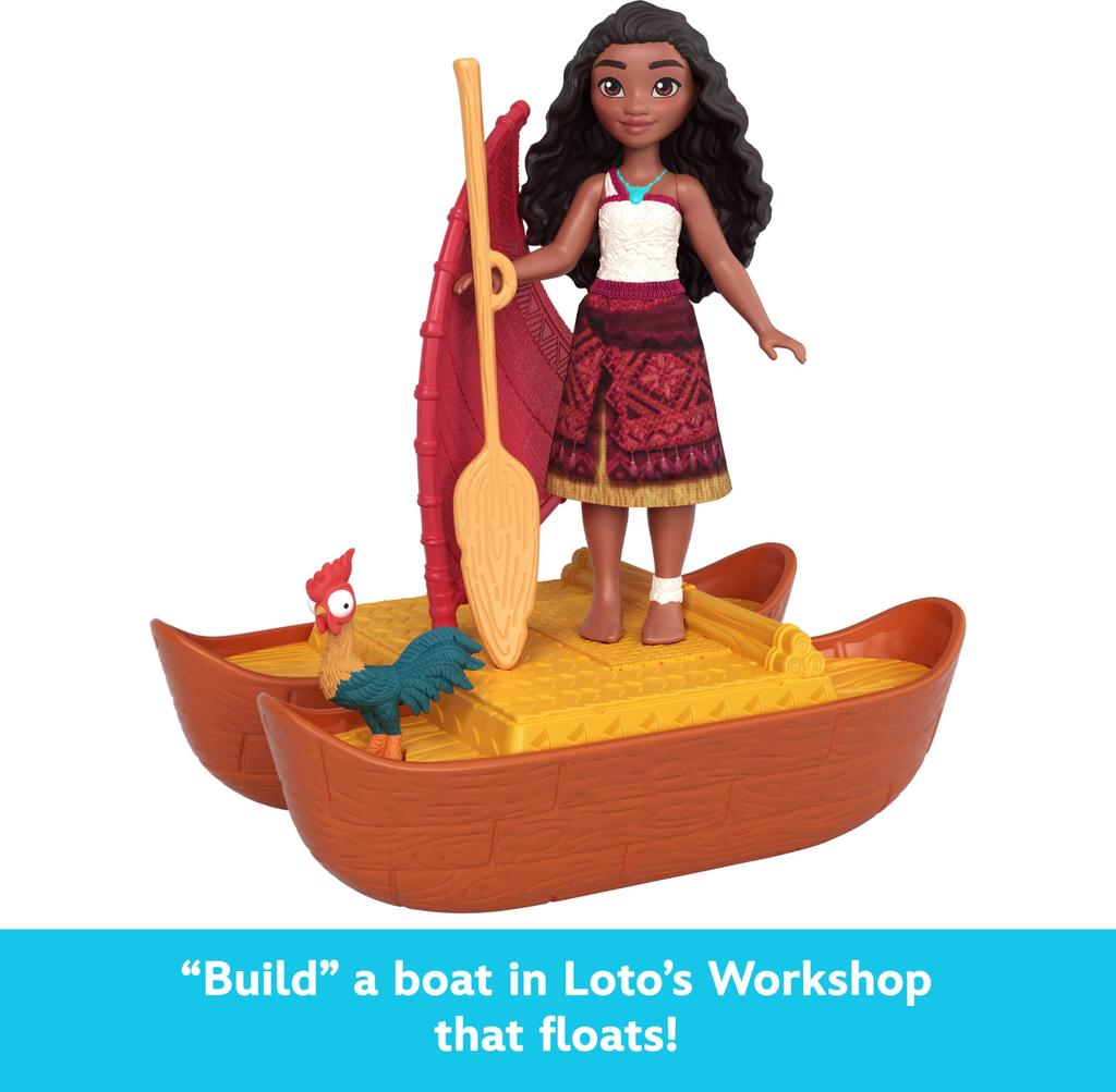 Mattel Disney Moana Moana 2 Jucărie Moana Atelier Set de joacă cu 2 păpuși plutitoare Heihei mici și 5 accesorii și păpuși Lotto, figurină, barcă,