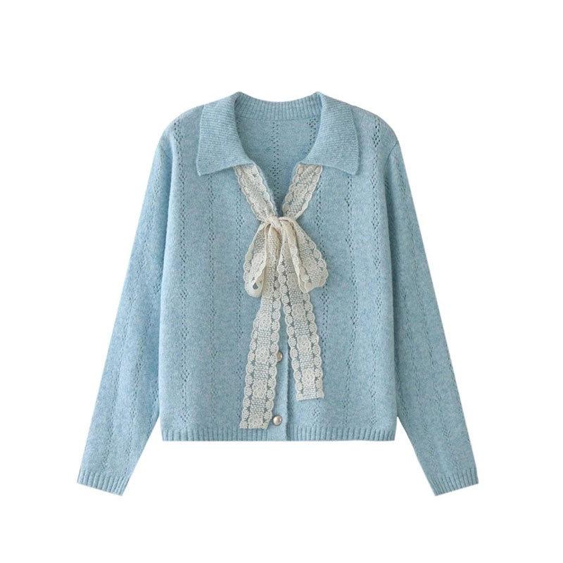 Spring Autumn Lace Pachwork Hollow Out Knitting Bandage Cardigan Sweater Women Sweet Casual Knitting Top