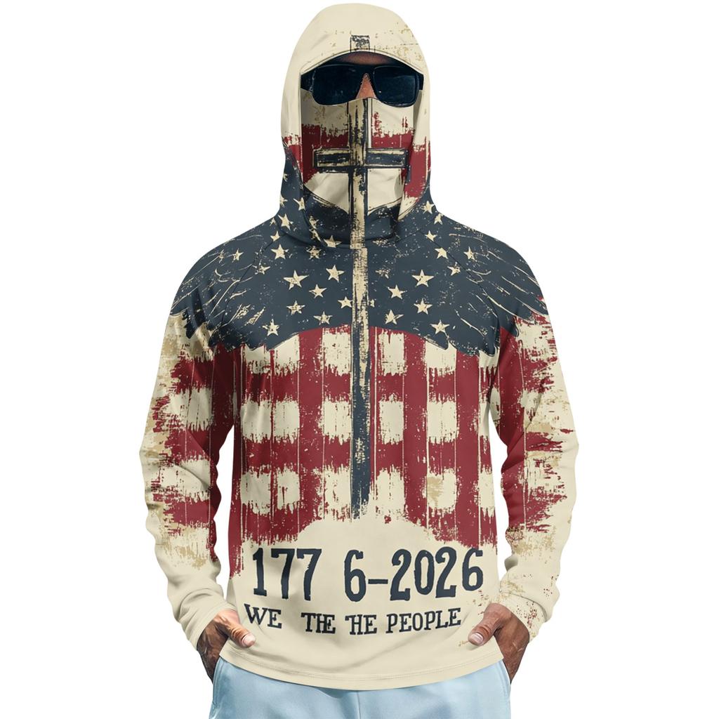 Men's Summer Long Sleeve Quick Dry Hooded Shirt with Flag Print for Outdoor Fishing Fitness Sports Sun Protection Top
