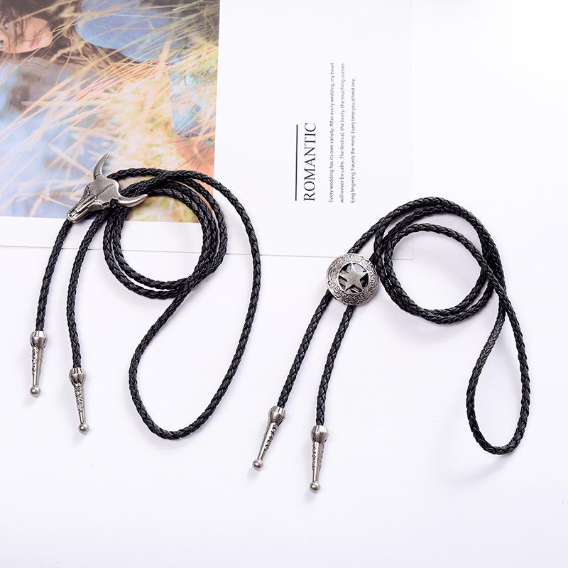 Creative Bullhead Leather Cord Tie Necklace - Retro European and American Design